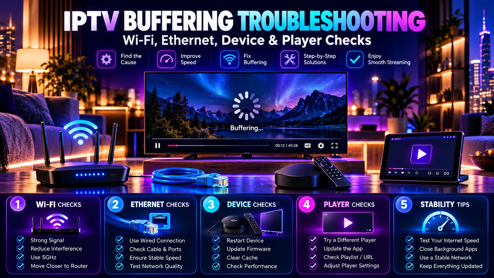 IPTV buffering troubleshooting guide for Wi Fi Ethernet device and player checks