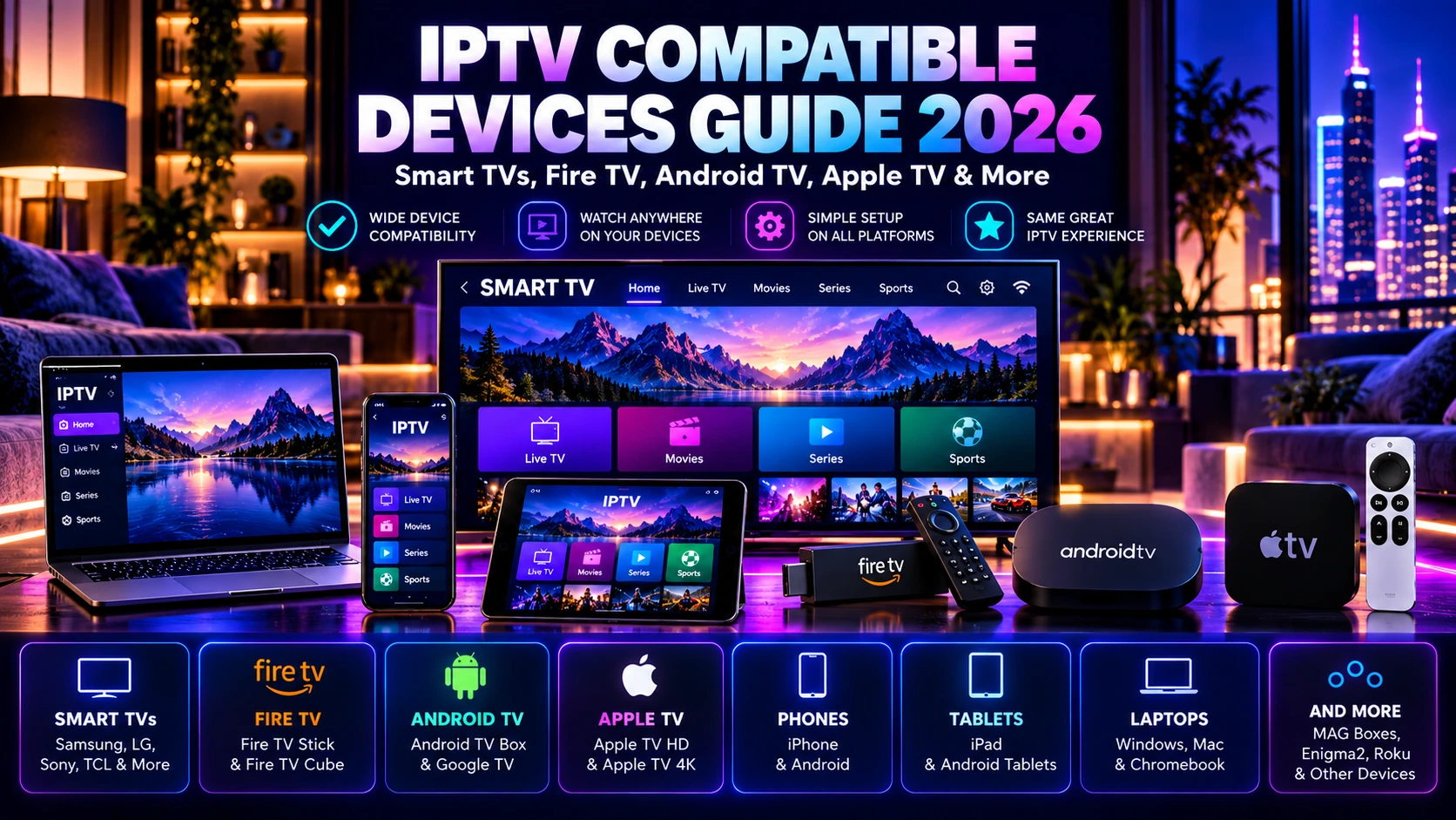 IPTV compatible devices guide for Smart TV Fire TV Android TV Apple TV laptop phone and tablet