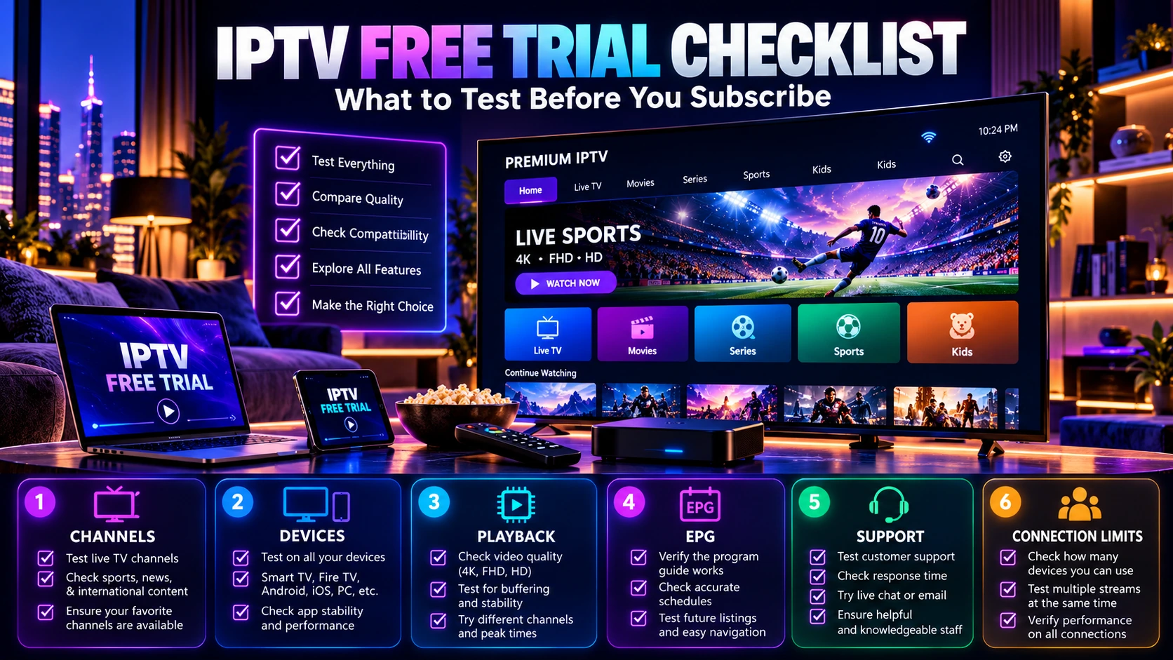 IPTV free trial checklist for channels video quality compatibility stability and support