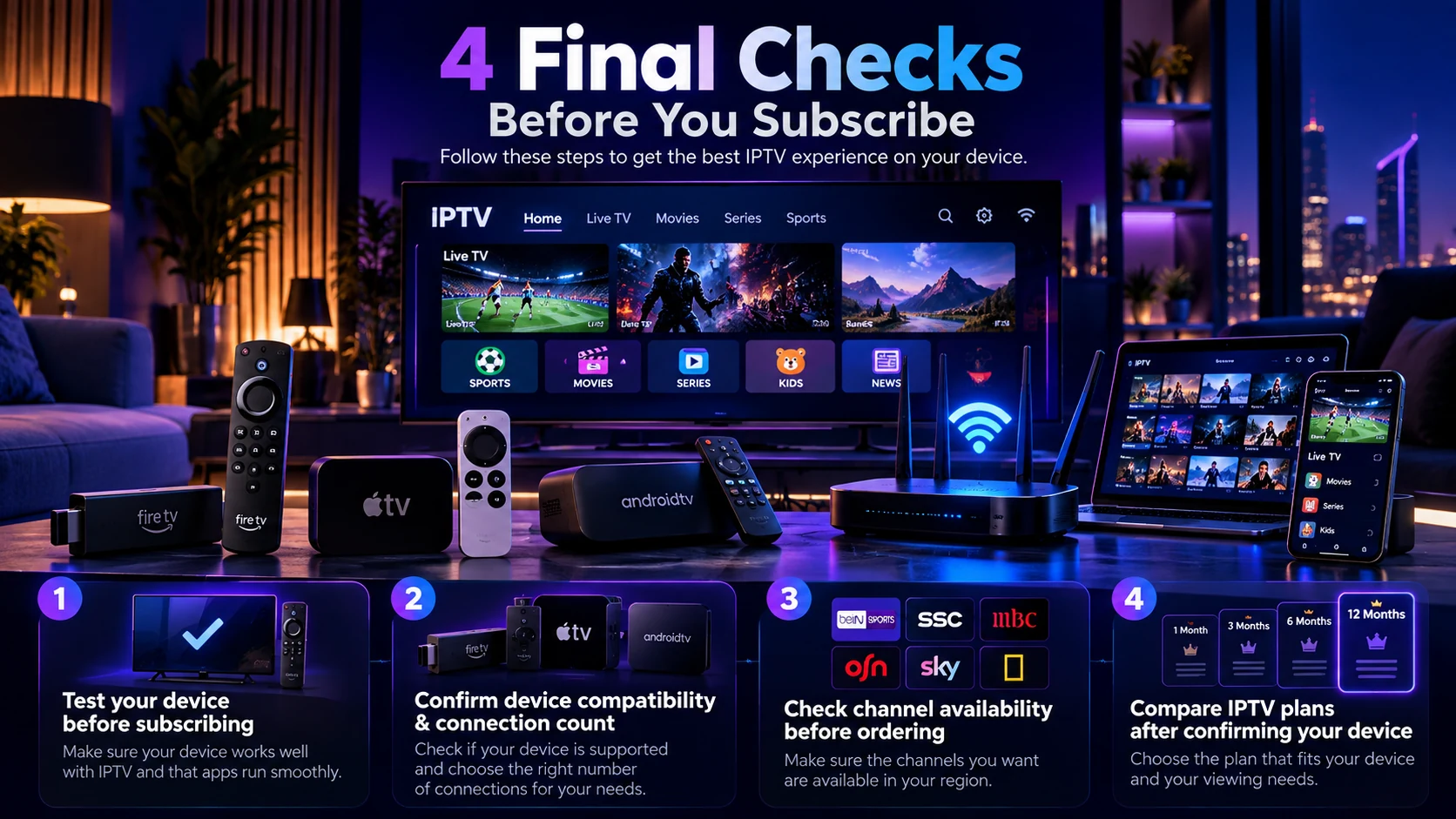 Four final IPTV checks before subscribing: test your device, confirm compatibility and connection count, check channel availability, and compare plans