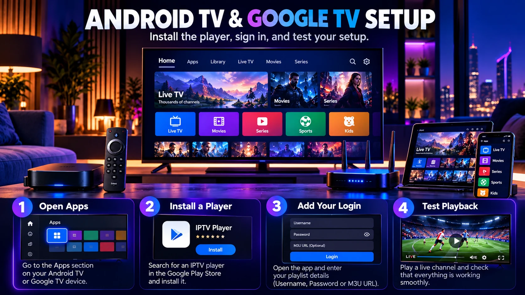 Android TV and Google TV IPTV setup with player installation login and playback test