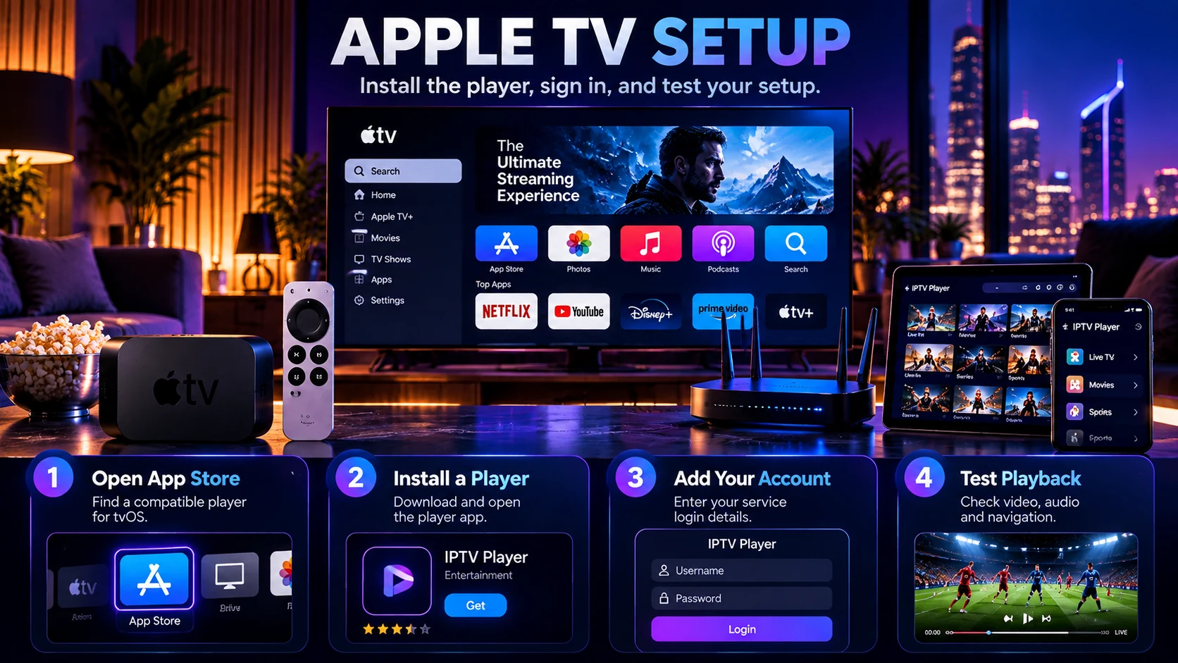 Apple TV IPTV setup with App Store player account login and playback test