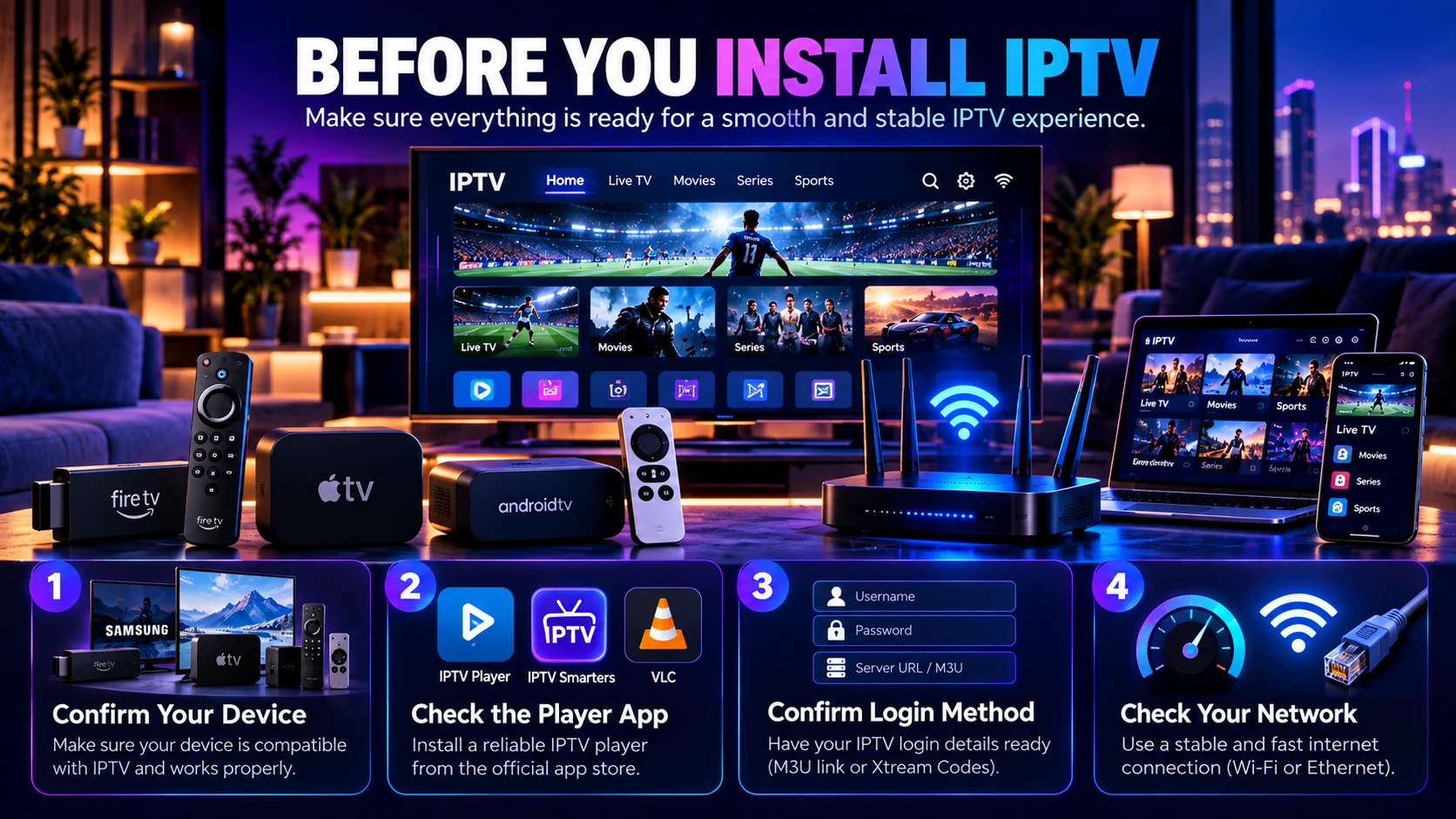 Before installing IPTV check device player login method and network