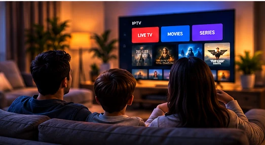 Family watching IPTV in living room