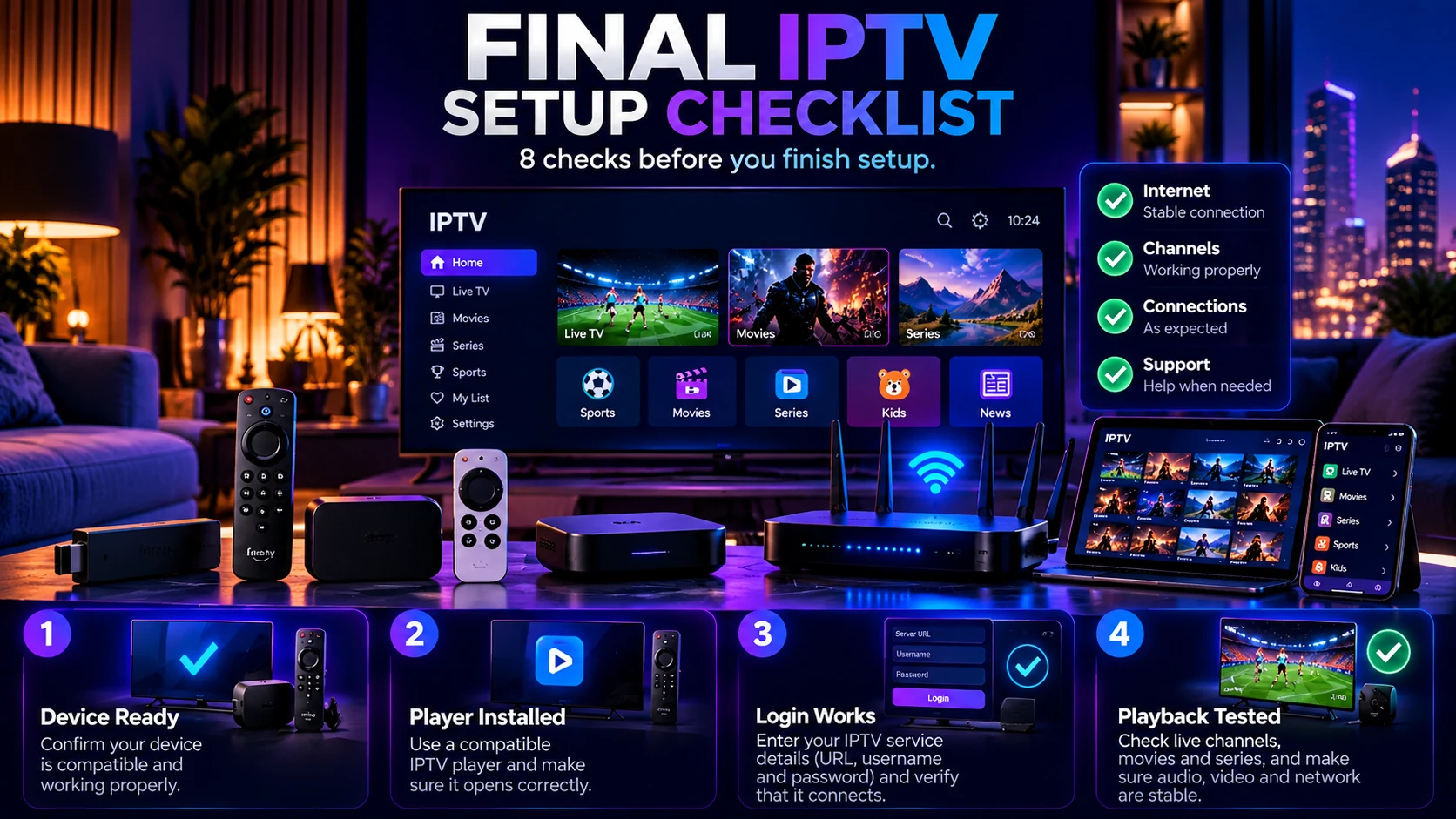 Final IPTV setup checklist for device player login network channels connections and playback