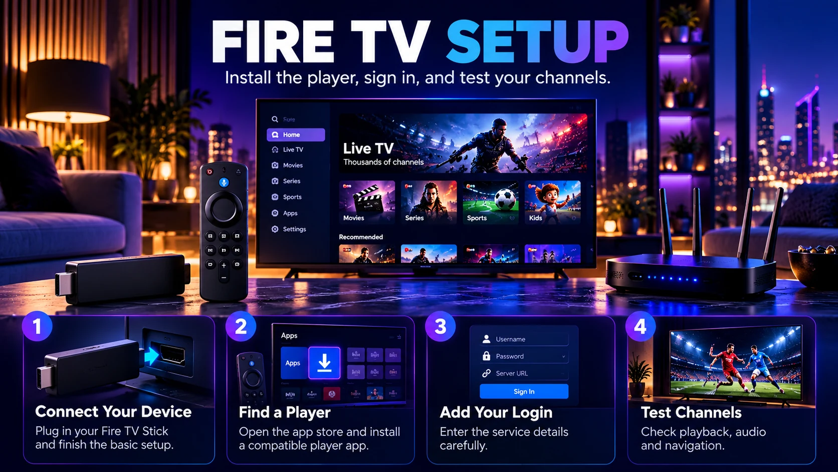 Fire TV IPTV setup with device connection player login and channel test