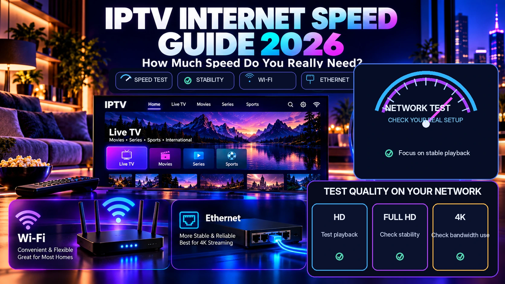 IPTV internet speed guide with Wi Fi Ethernet router and network testing