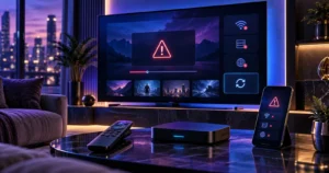 A modern smart TV displaying a conceptual IPTV Smarters Pro troubleshooting interface