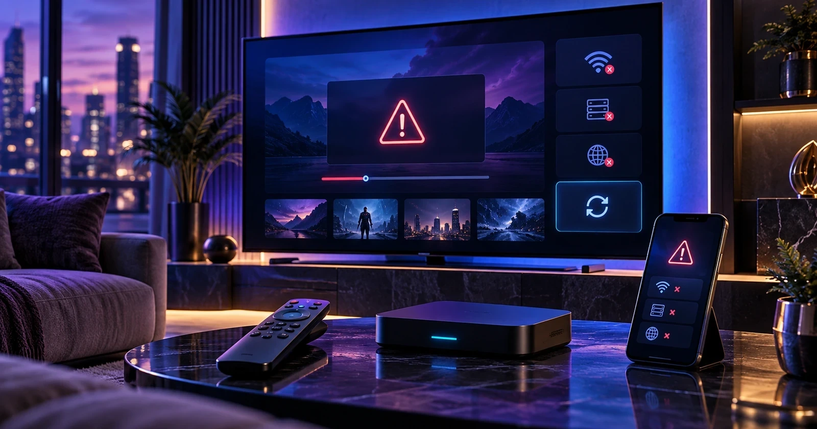 A modern smart TV displaying a conceptual IPTV Smarters Pro troubleshooting interface