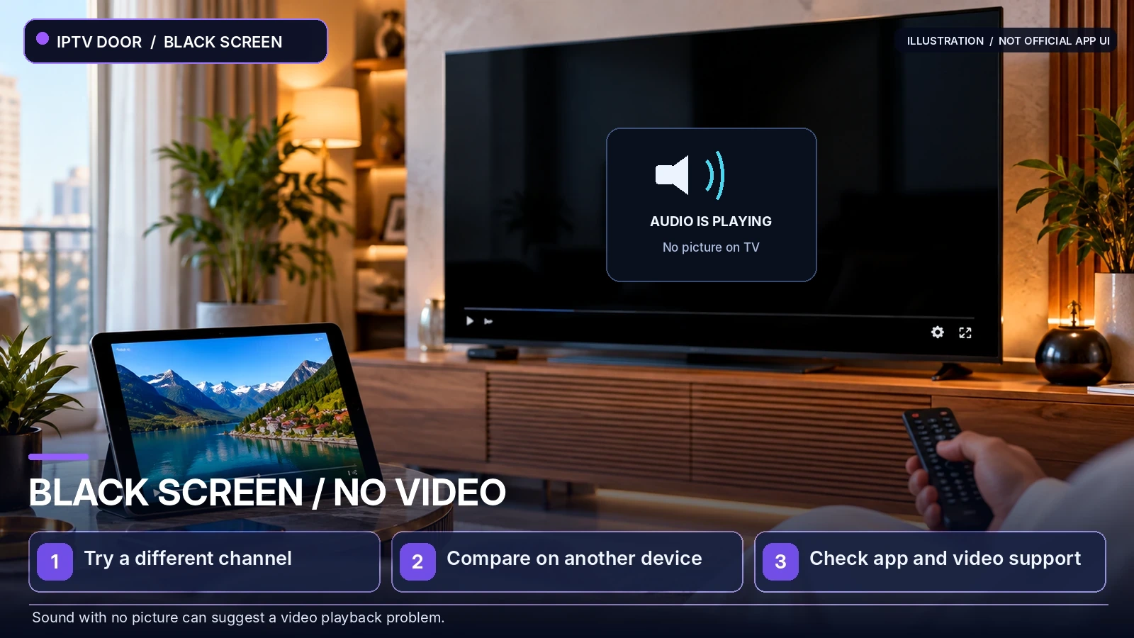 A smart TV showing a black video screen while audio is still working, with troubleshooting tips