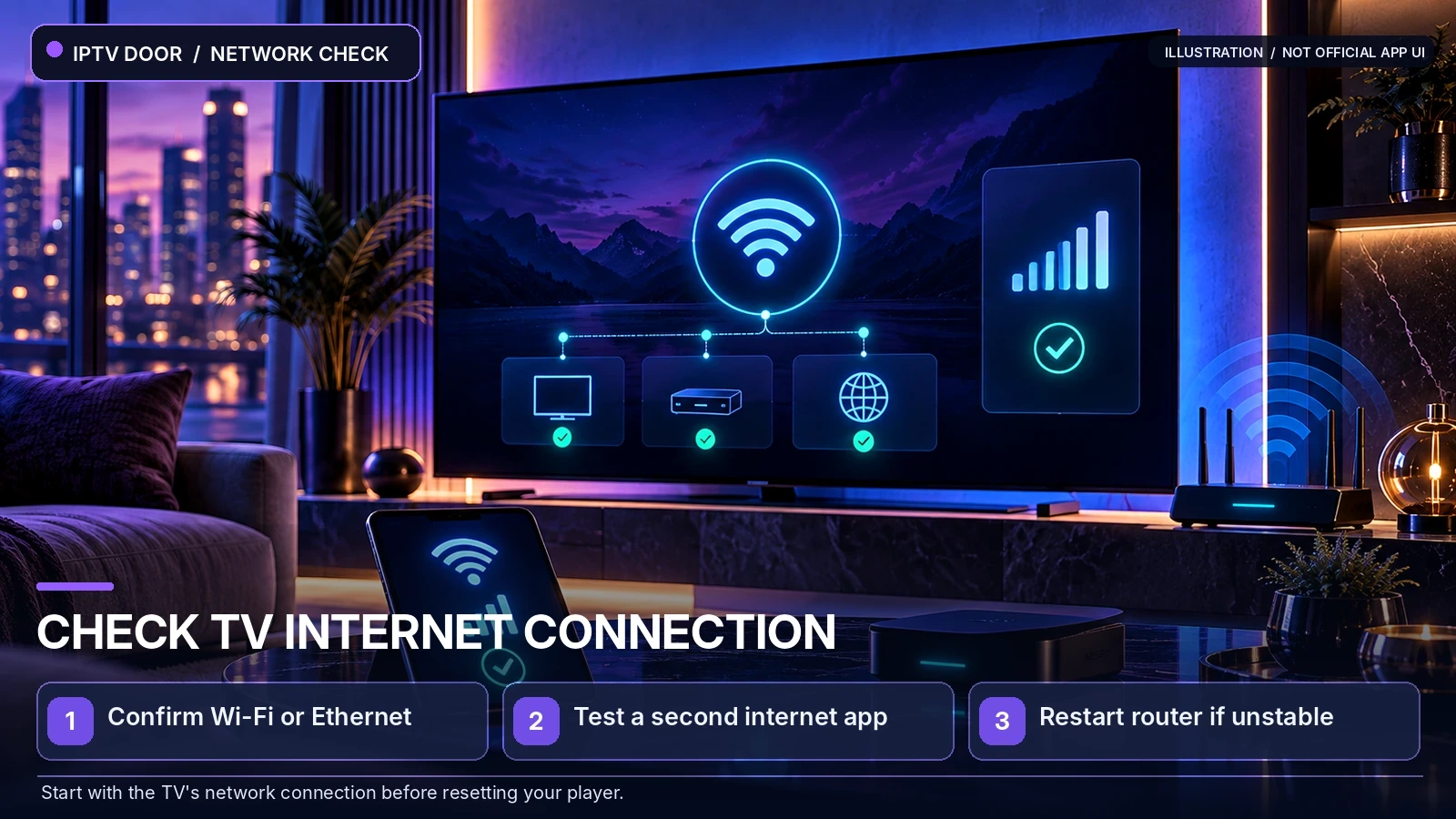 A smart TV and Wi-Fi router illustrating internet connection troubleshooting for IPTV Smarters