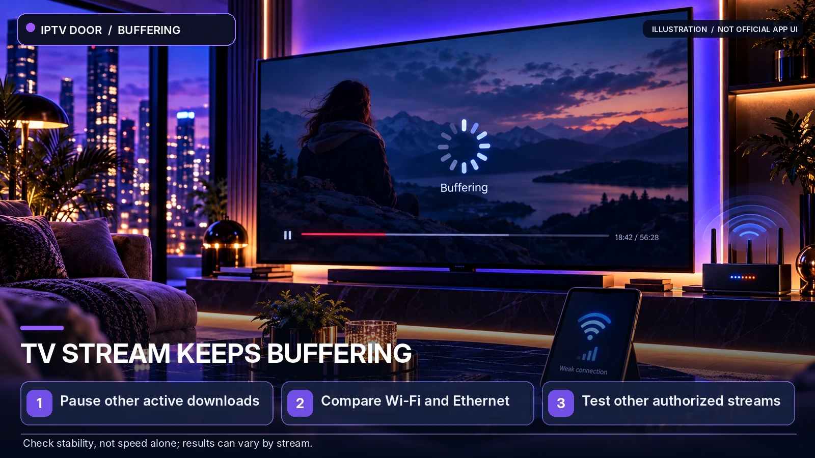A smart TV demonstrating buffering problems and Wi-Fi versus Ethernet troubleshooting