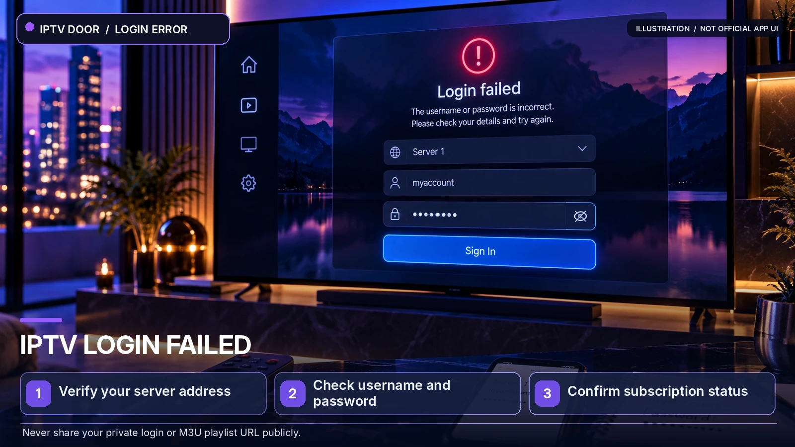 A smart TV displaying an illustrative IPTV Smarters login error and credential troubleshooting