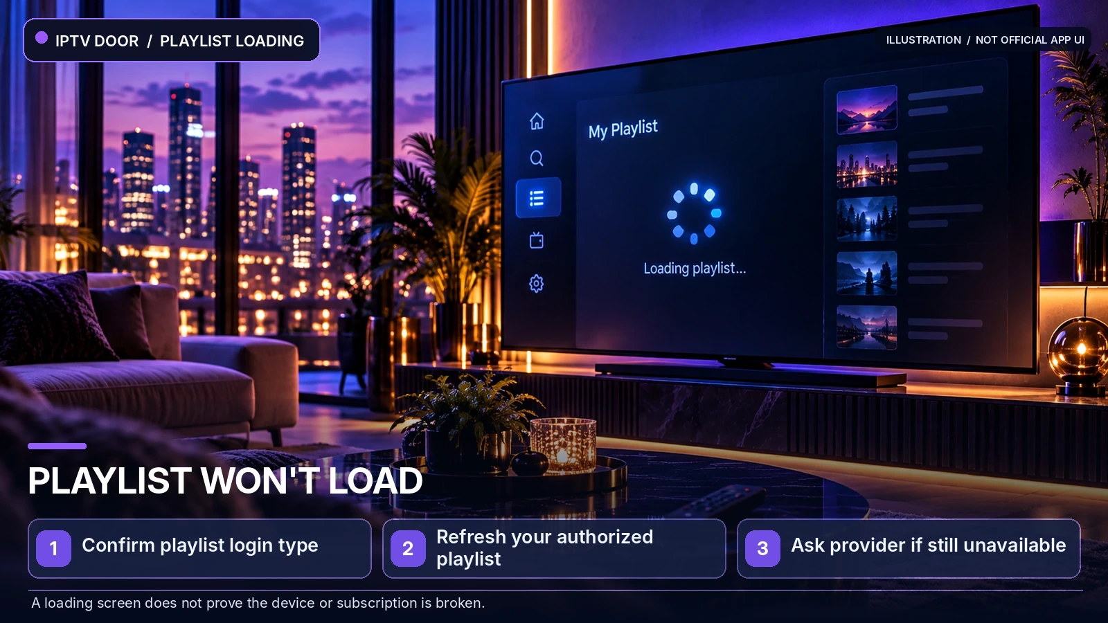 A smart TV showing an IPTV playlist stuck loading with troubleshooting guidance