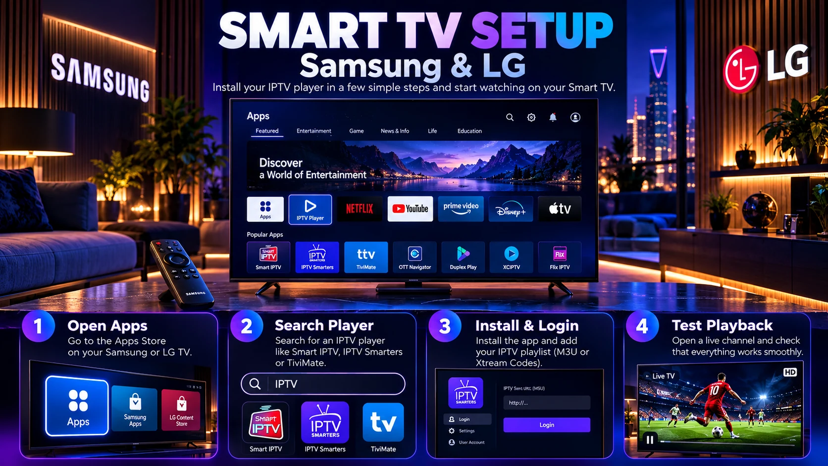 Samsung and LG Smart TV IPTV setup with app search installation login and playback test