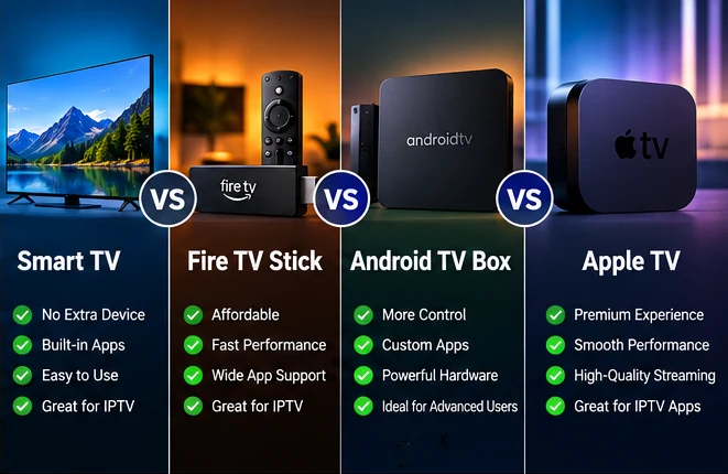 Smart TV vs Fire TV vs Android TV vs Apple TV for IPTV