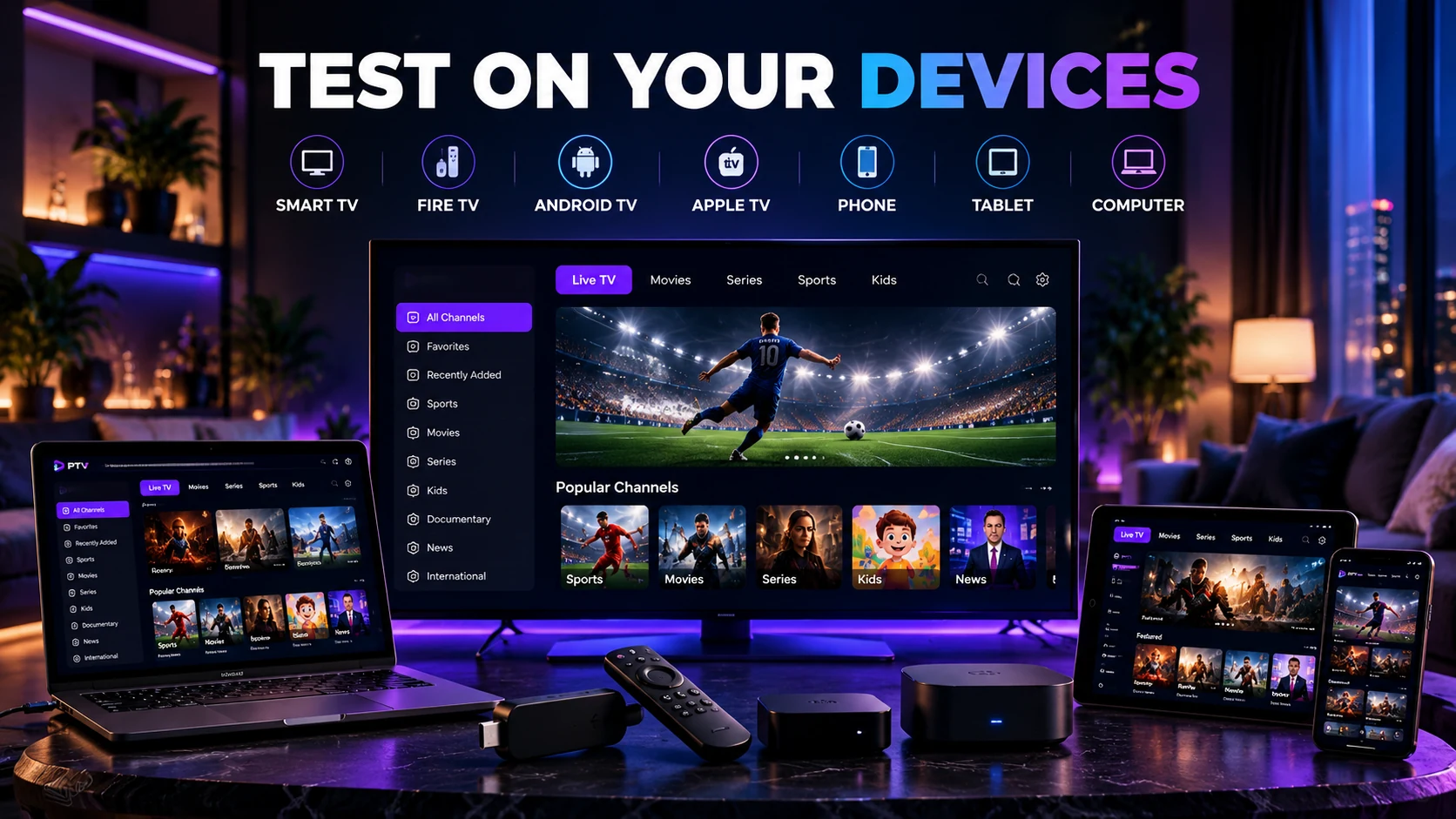 Test IPTV on Smart TV streaming devices phone tablet and computer