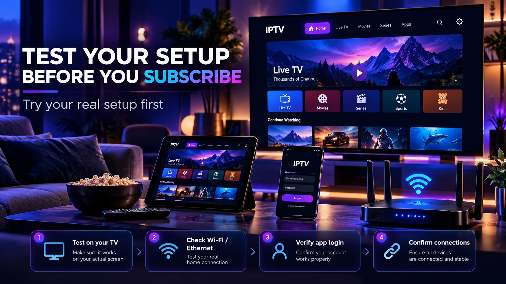 Test your IPTV setup before subscribing on your real TV network app login and connection count